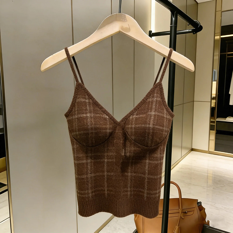 小香风格子吊带背心女早春季内搭打底带胸垫美背文胸一体露背上衣