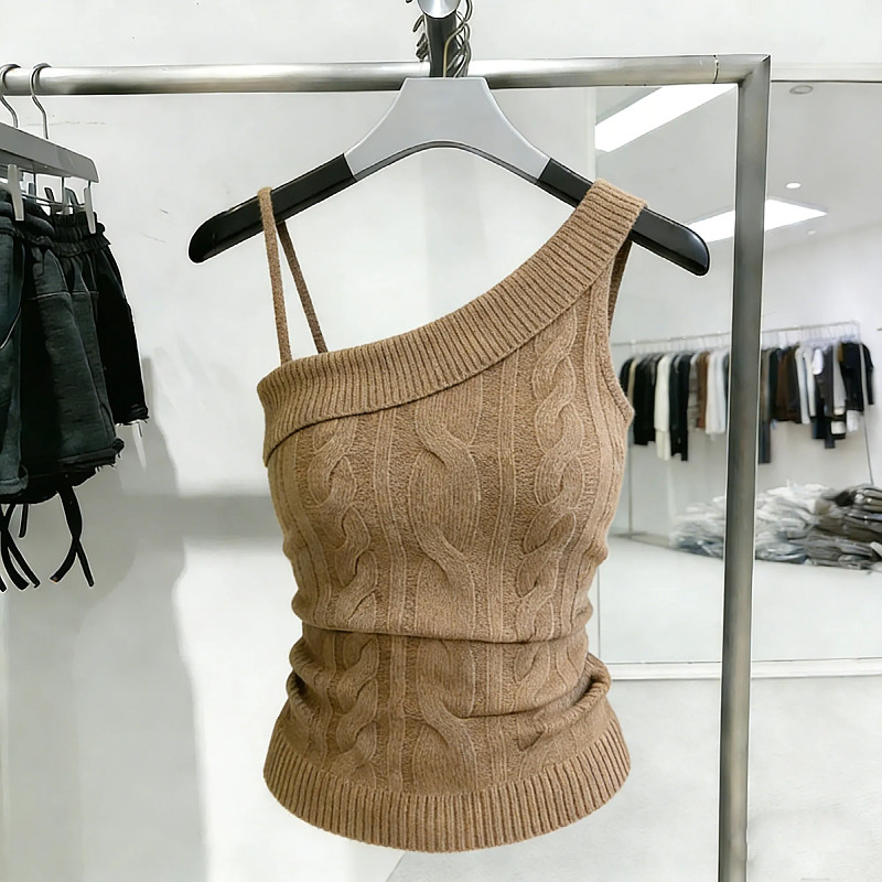 设计性感斜肩麻花纹针织吊带背心女春季新款外穿修身显瘦无袖上衣