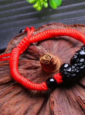 天然黑曜石编织金刚结貔貅手链