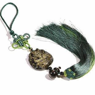 天然金曜石龙牌车挂 精工雕刻天然金曜石立体龙车挂件流苏绳