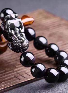 天然彩虹眼黑曜石霸王风貔貅手链
