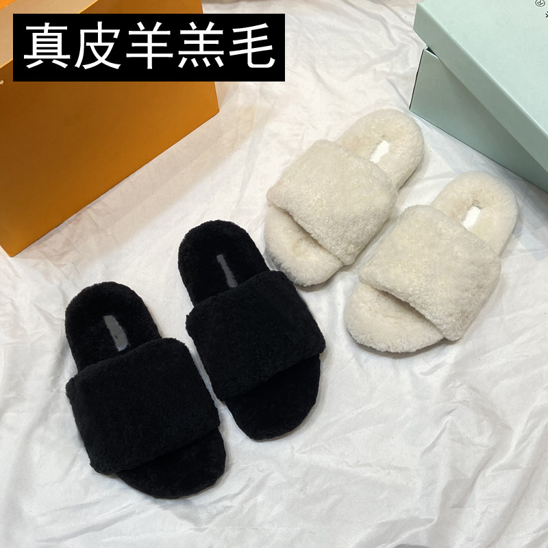 真皮羊羔毛毛拖鞋女2023皮毛一体秋冬保暖厚底光版松糕平底一字拖