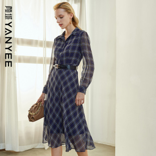 裙 女复古显瘦气质收腰蓝色衬衫 颜域长袖 格子连衣裙早秋2023年新款