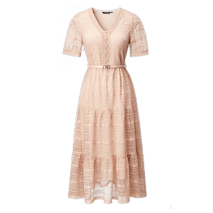 颜域蕾丝法式连衣裙女夏季2026新款优雅短袖V领中长款收腰裙子女