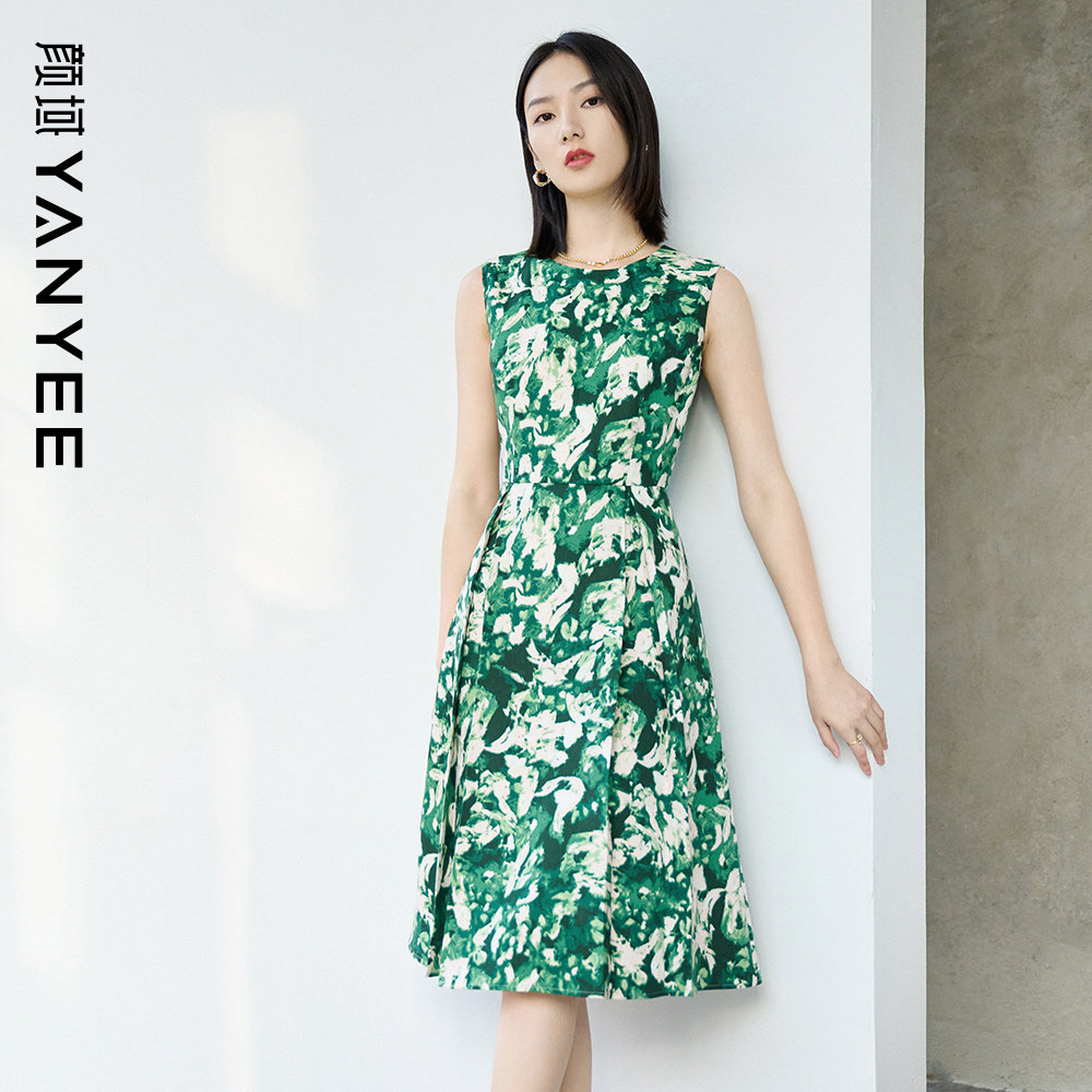 颜域圆领碎花无袖连衣裙背心裙