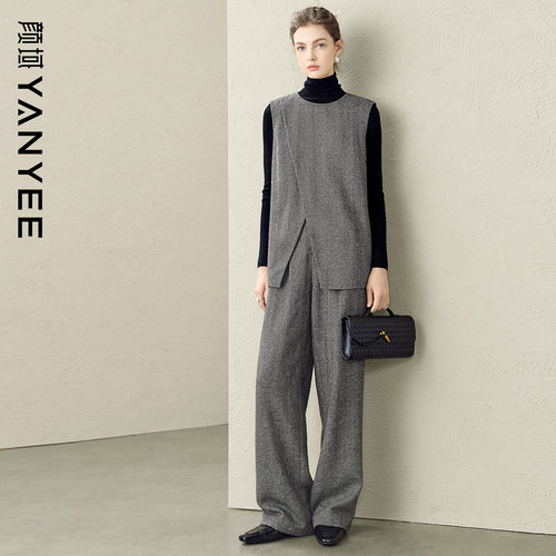 颜域复古老钱风毛呢马甲套装