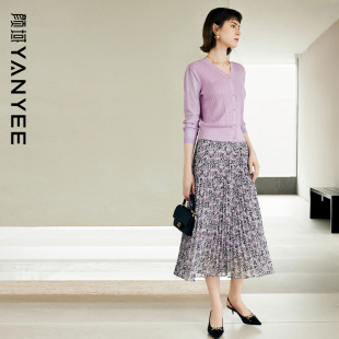 颜域复古碎花A字半身裙女秋2025新款 半裙高腰裙子 紫色优雅中长款