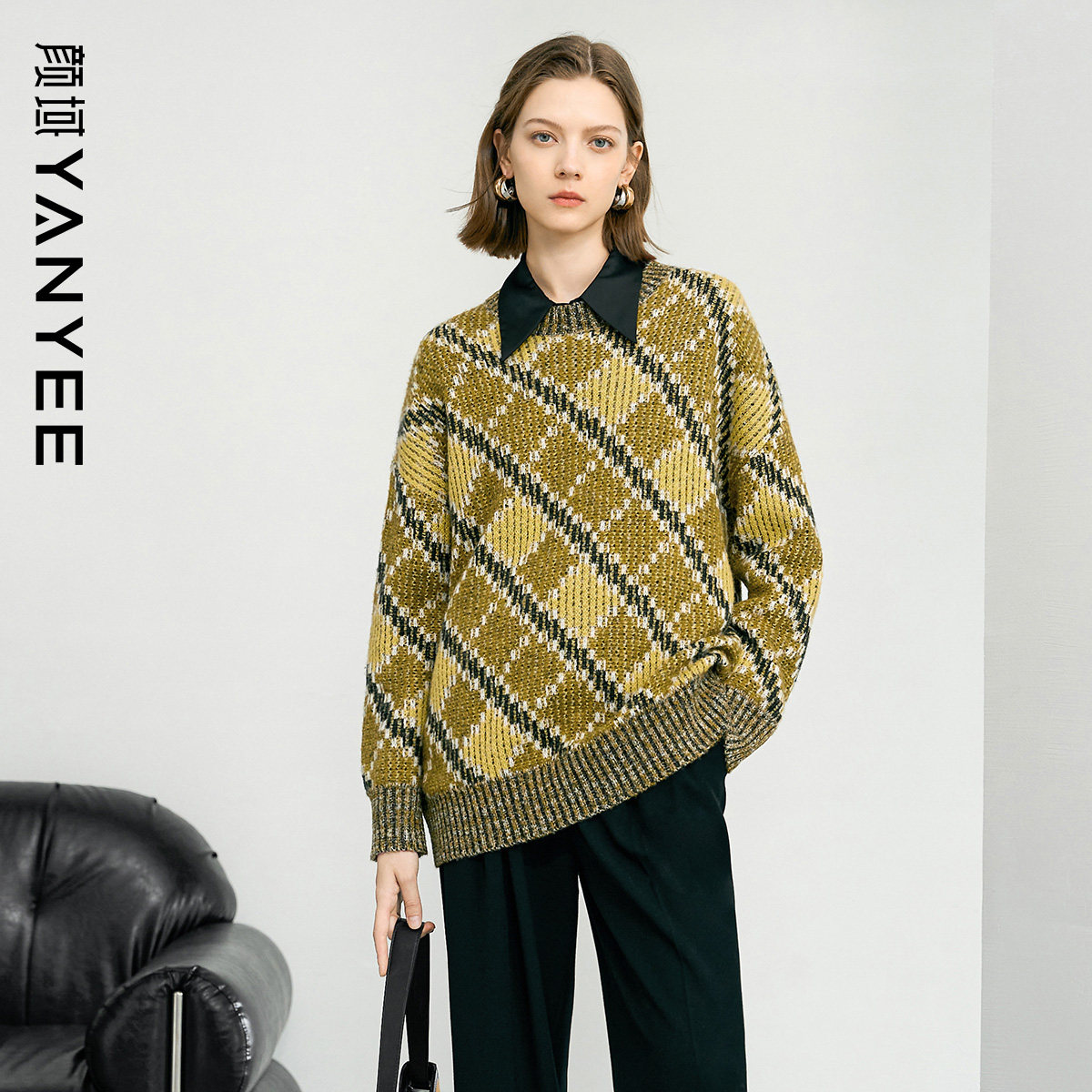 颜域黄色格子毛衣女士春装2026新款通勤百搭套头外穿针织衫上衣女