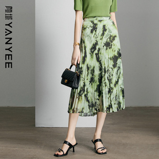 颜域绿色A字半身裙女2026新款 半裙水墨印花裙子女高腰百褶裙 夏装