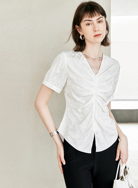 颜域设计感白色衬衫2026新款女夏季收腰上衣气质小衫短袖V领衬衣