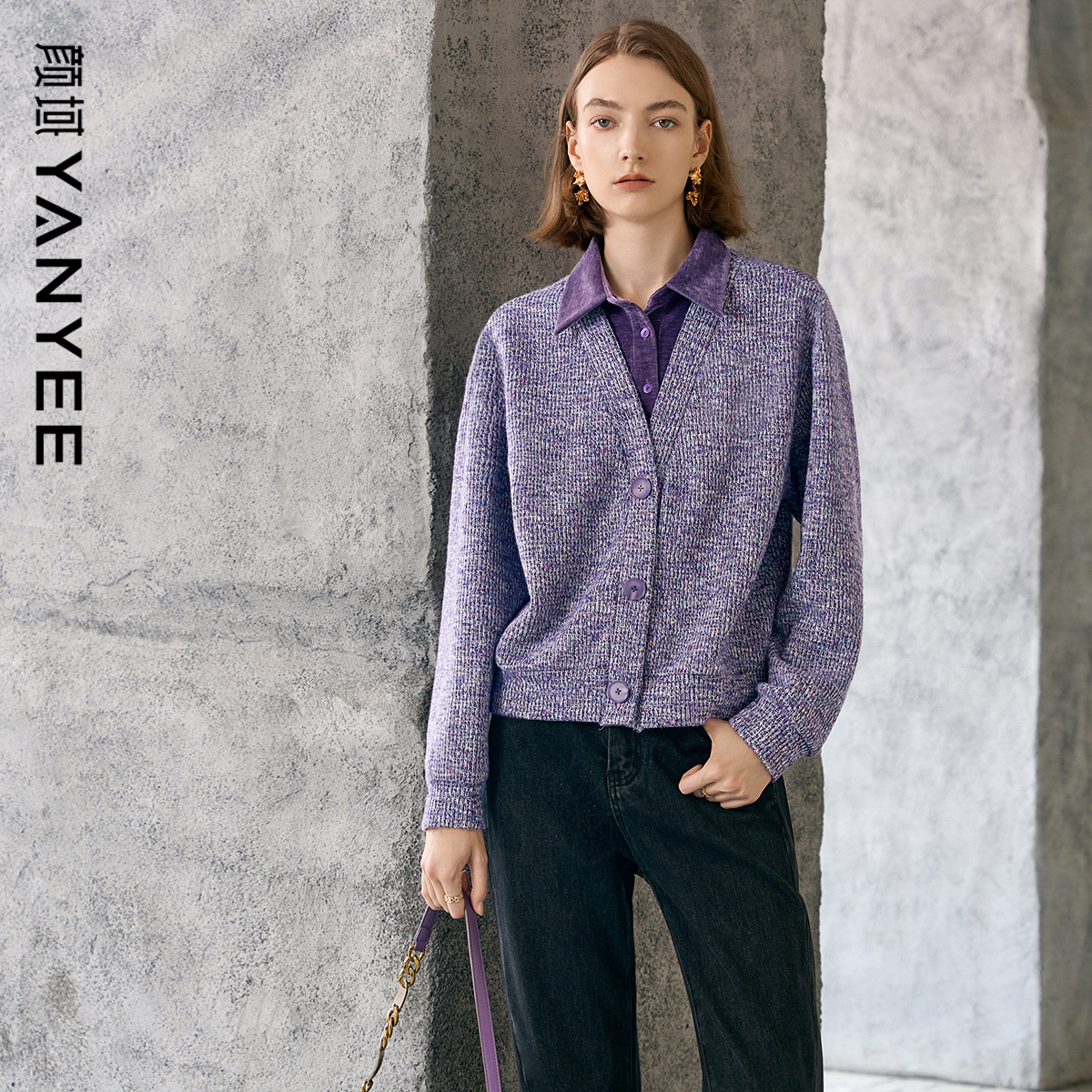 颜域假两件翻领针织衫卫衣