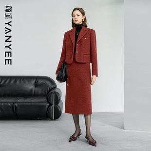 颜域绵羊毛红色小香风搭配一整套女2025新款 冬毛呢外套半身裙套装