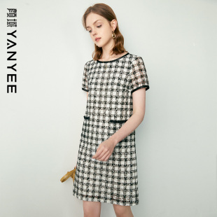 通勤职业修身 2023新款 气质直筒短裙 格子蕾丝连衣裙女夏季 颜域短袖