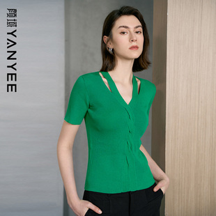 V领针织衫 复古短袖 女2026夏季 显瘦百搭修身 上衣 新款 颜域绿色短袖