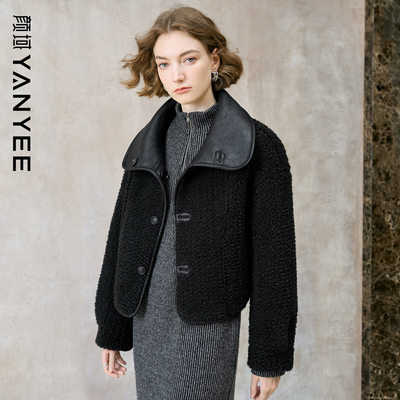 颜域黑色短款羊剪绒外套