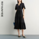 连衣裙女2026新款 夏装 通勤法式 颜域黑色V领短袖 复古大摆长款 裙子
