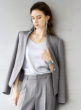 颜域灰色短款西装外套女2026春季新款通勤百搭名媛高级感气质西服