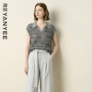 颜域老钱风天丝上衣2026夏季新款高级感慵懒风短袖条纹针织衫女款