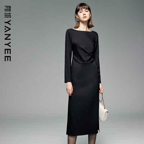 颜域高级感一字领中长款开叉裙子