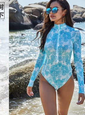 欧美INS高领长袖背拉链防晒连体泳衣保守运动泳衣Sports swimsuit