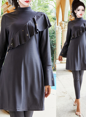 优雅的斜肩荷叶边分体泳衣女士长袖长裤Ruffled swimsuit/burkini