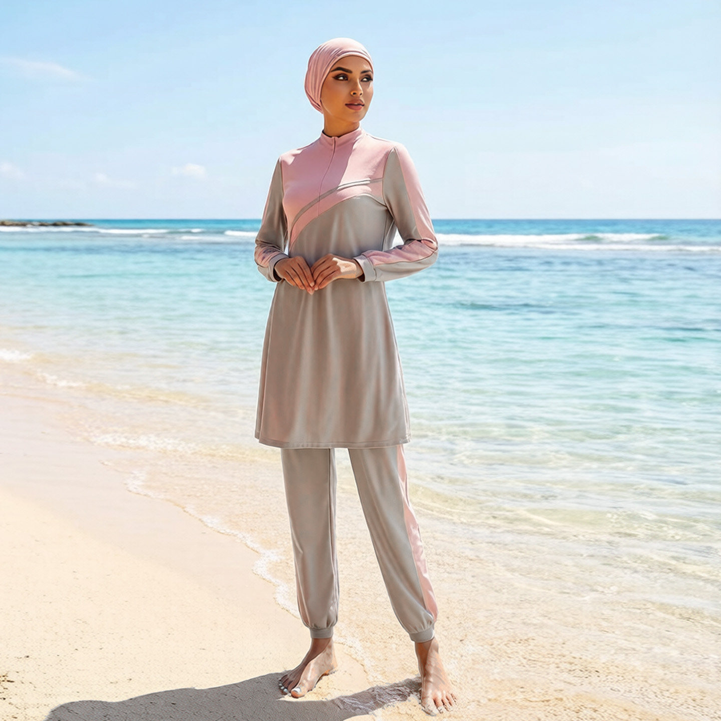 甜美全包围泳帽长裙长袖长裤保守遮肉泳衣三件套布基尼女Burkini
