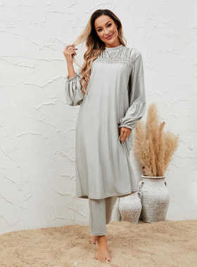 抽褶全包式东南亚布基尼宽松遮肉长款泳衣三件套swimwear burkini