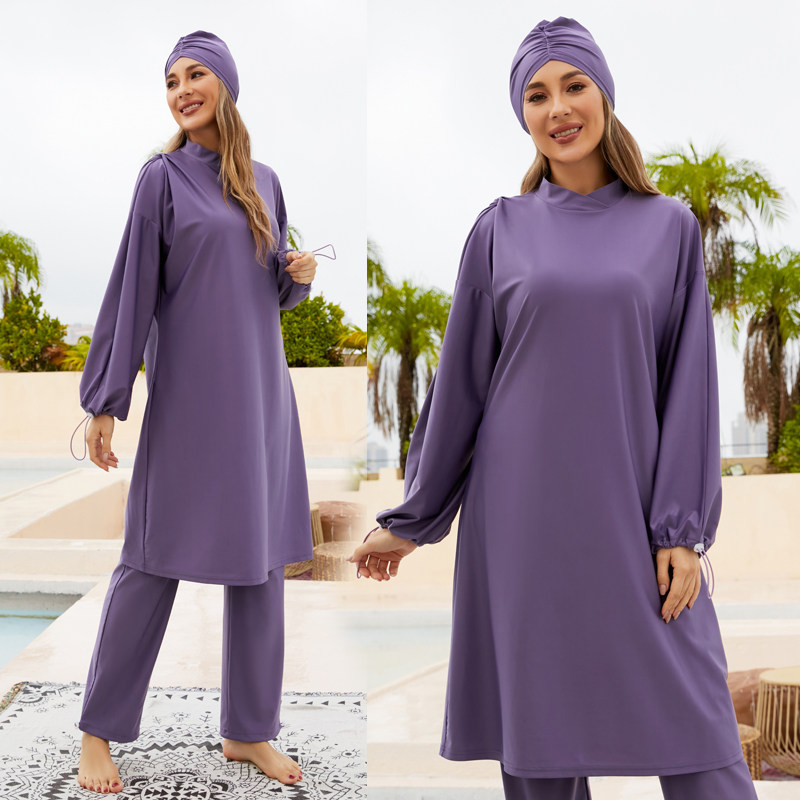 宽松长款分体泳衣纽纹设计布基尼长袖长裤保守式泳装Long burkini