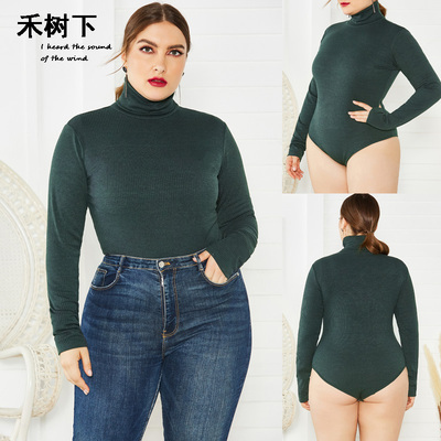 Plus-size修身高领大码连体打底衫bodysuit秋冬high-necked tight