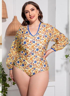 欧美大码长袖防晒连体泳衣胖MM夏季露背小性感度假泳装女遮肉显瘦