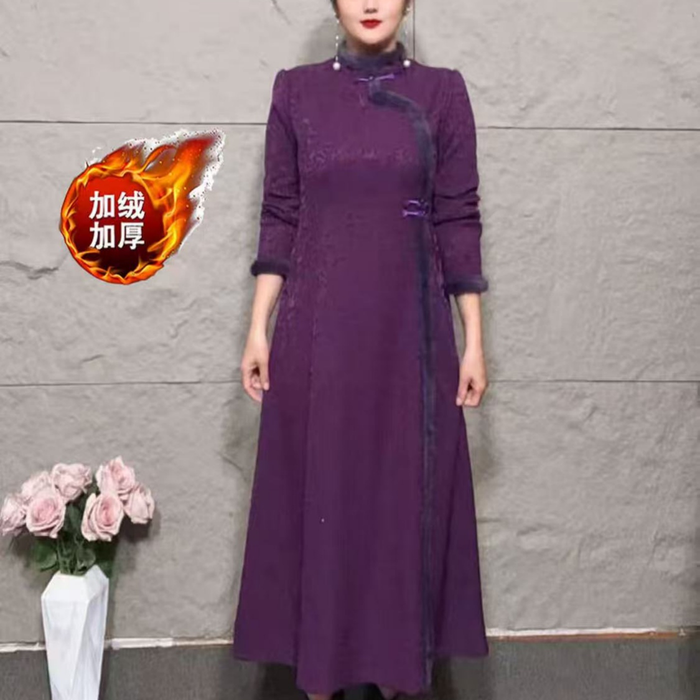 冬季中国风提花改良旗袍连衣裙