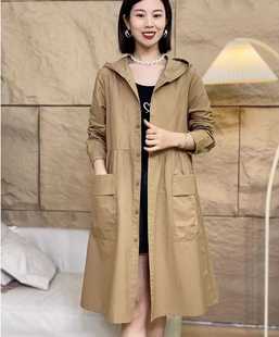 新款 薄款 2025春季 风衣妈妈装 连帽宽松纯色洋气大口袋外套 中长款