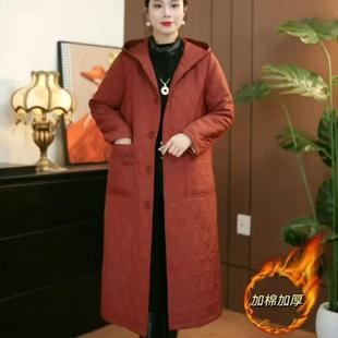 外套纯色大口袋复古休闲大衣 妈妈装 加棉连帽风衣女2025新款 中长款