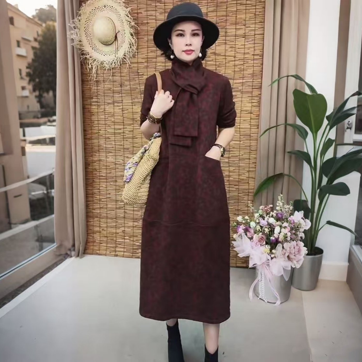 冬季V领围巾长袖连衣裙女中年妈妈装秋冬加厚保暖百搭遮肉气质裙,女装/女士精品,中老年女装,淘宝优惠券,粉丝福利购,淘宝优惠卷