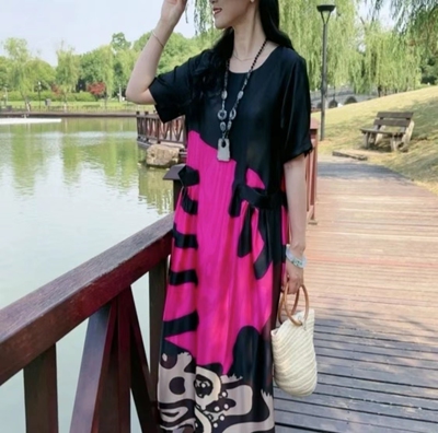 高端时尚气质宽松大码妈妈连衣裙