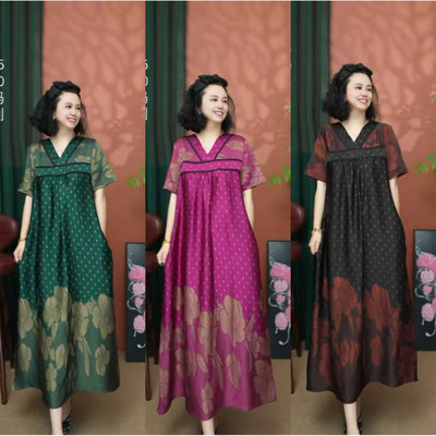 妈妈气质V领印花拼接大码连衣裙