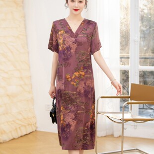 中老年女装真丝香云纱连衣裙夏洋气加肥加大码妈妈桑蚕丝裙子
