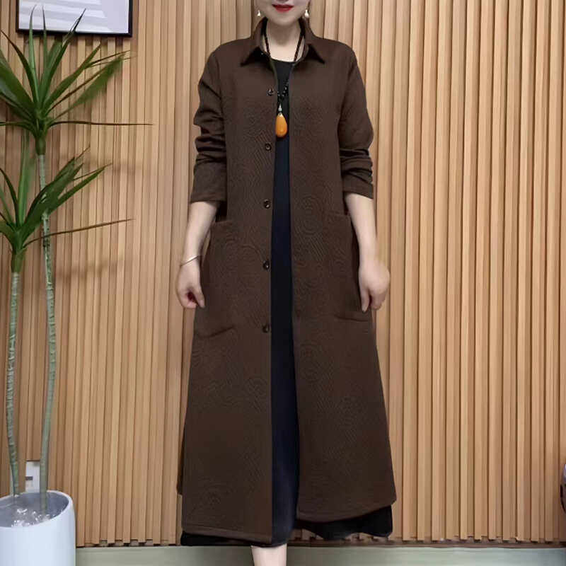 妈妈装长款风衣秋季纯色时尚提花翻领单排扣外套女长袖气质大衣女