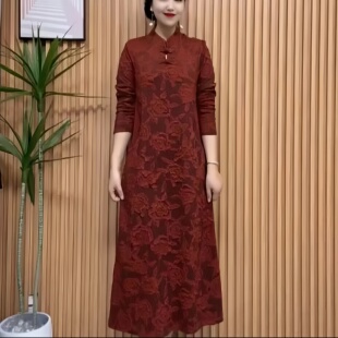 高端立体玫瑰花时尚复古连衣裙春秋款气质妈妈国风优雅连衣裙女
