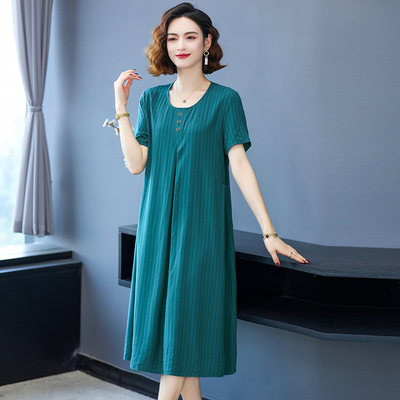 夏季短袖连衣裙女棉绸中长款新款时尚休闲大码圆领宽松透气裙子