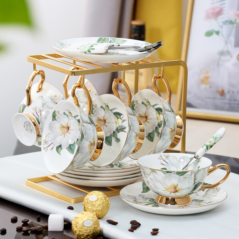 欧式陶瓷杯咖啡杯套装 创意简约家用骨瓷咖啡杯子6件套高档礼盒装