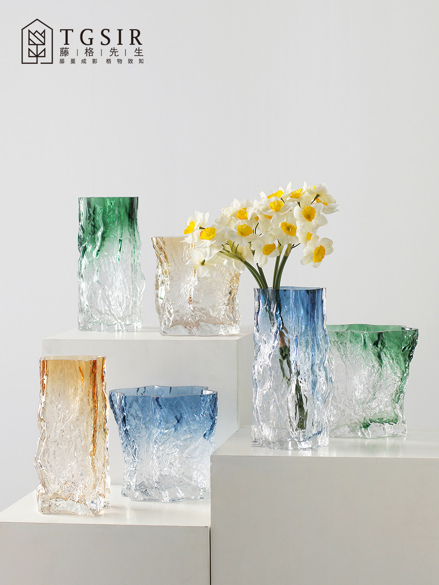 蓝色渐变冰川玻璃花瓶装饰客厅餐桌绿色植物水培花卉装饰加厚插花