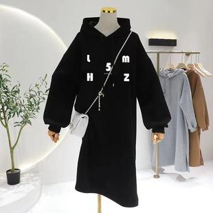 过膝长裙秋冬加绒加厚大码 卫衣裙女长款 宽松慵懒风连帽休闲连衣裙