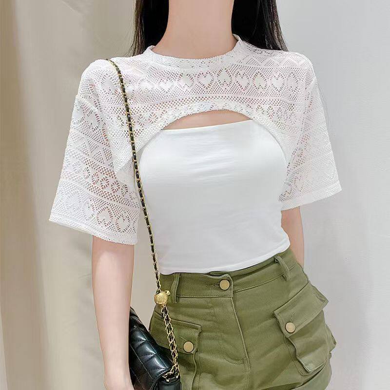 大码冰丝短袖披肩防晒罩衫女裝胖mm镂空蕾丝外搭坎肩叠穿t恤上衣