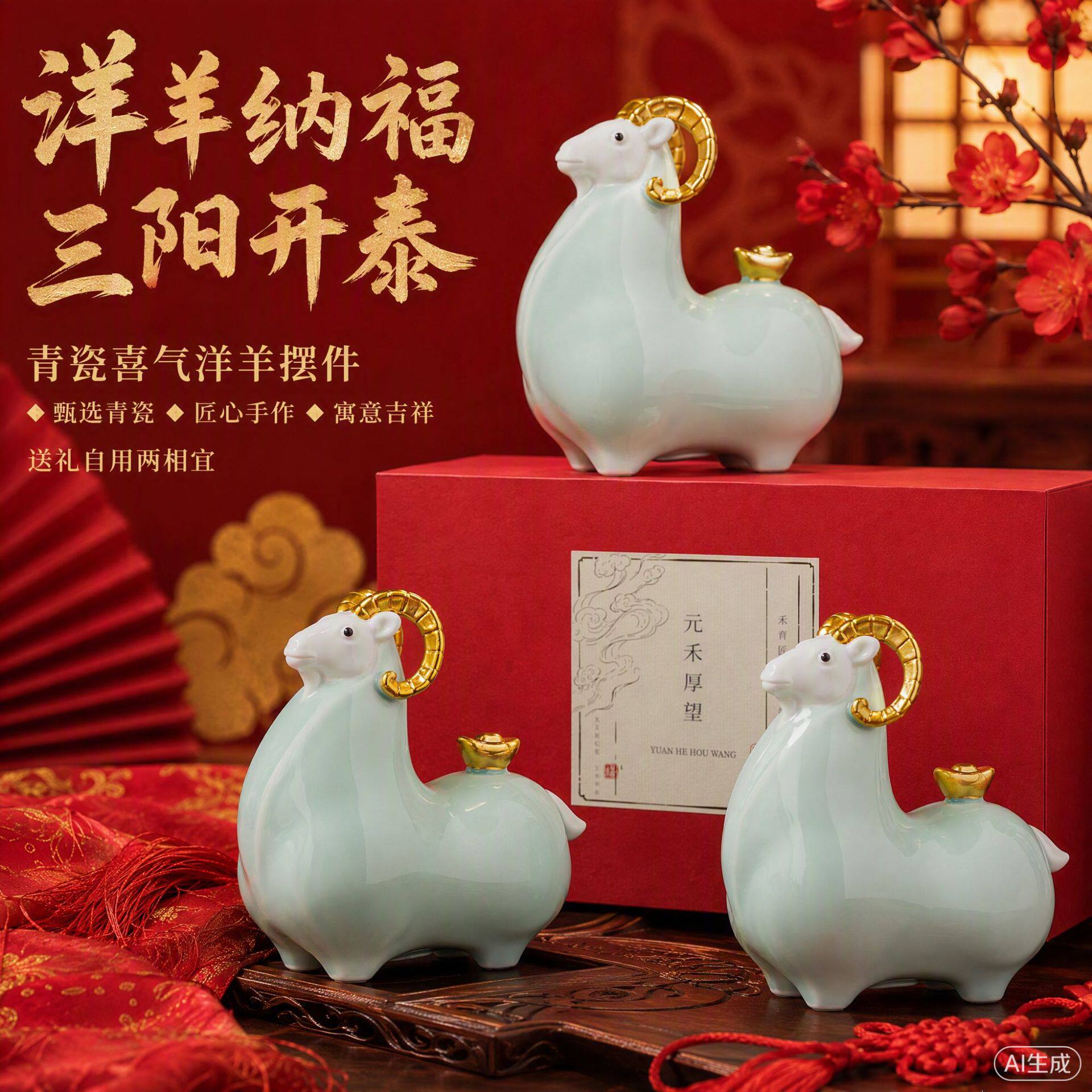 创意羊年摆件三羊开泰陶瓷招财生肖羊摆件玄关装饰吉祥物乔迁礼品