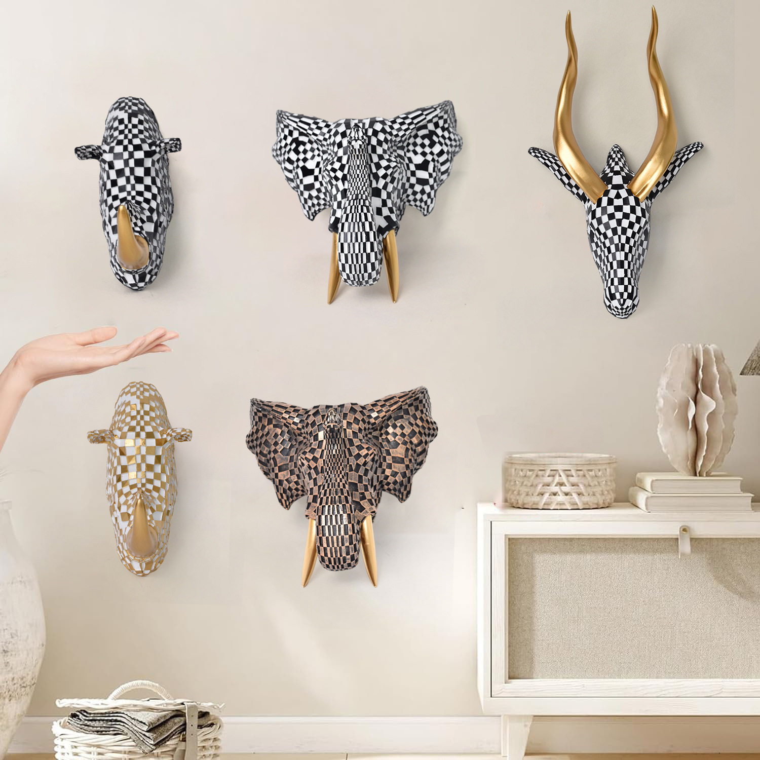 新款马赛克羚羊大象犀牛壁挂雕像创意摆件家居客厅装饰工艺品酒店