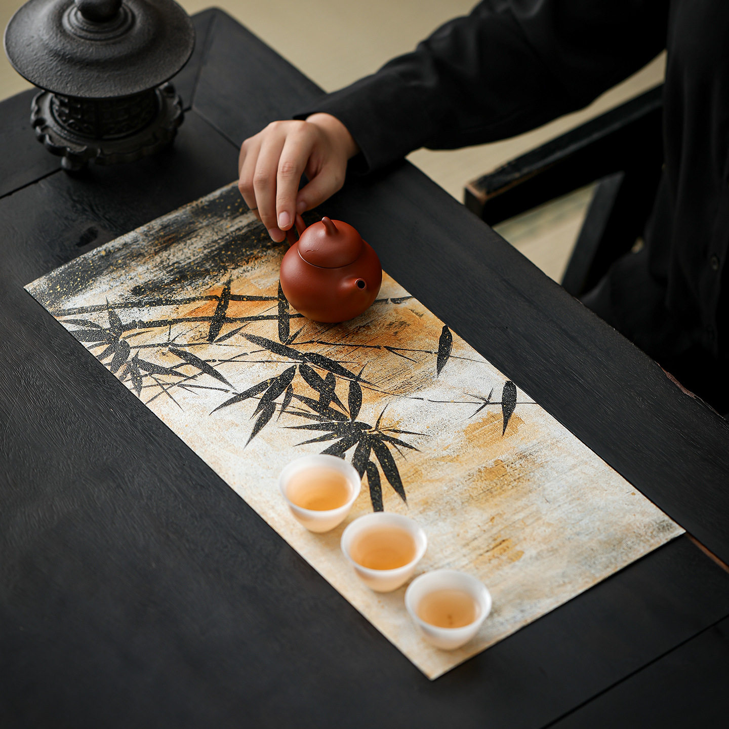 国风手工大漆茶席手绘墨竹桌旗干泡席家用复古茶桌隔热垫茶道配件