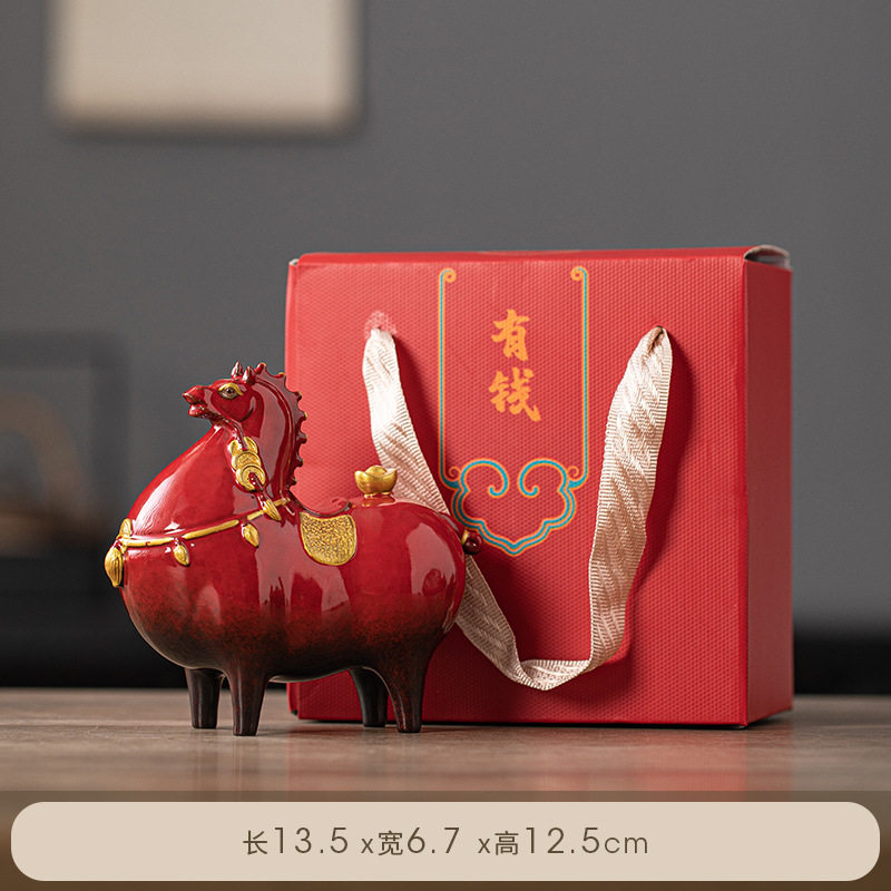陶瓷招财唐马客厅摆件办公室桌面开业乔迁红色马生肖马年吉祥物
