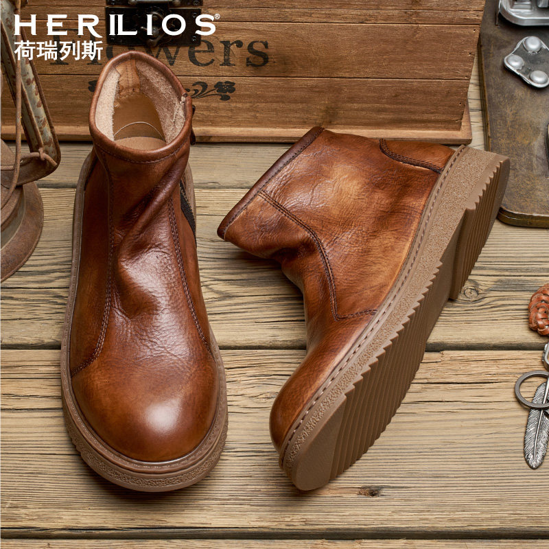 HERILIOS英伦男士真皮复古做旧拉链皮靴休闲时尚工装靴韩版户外靴
