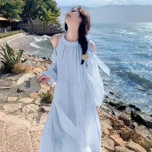 法式 海边度假风露肩连衣裙女2025新款 温柔风甜美宽松绝美仙女长裙